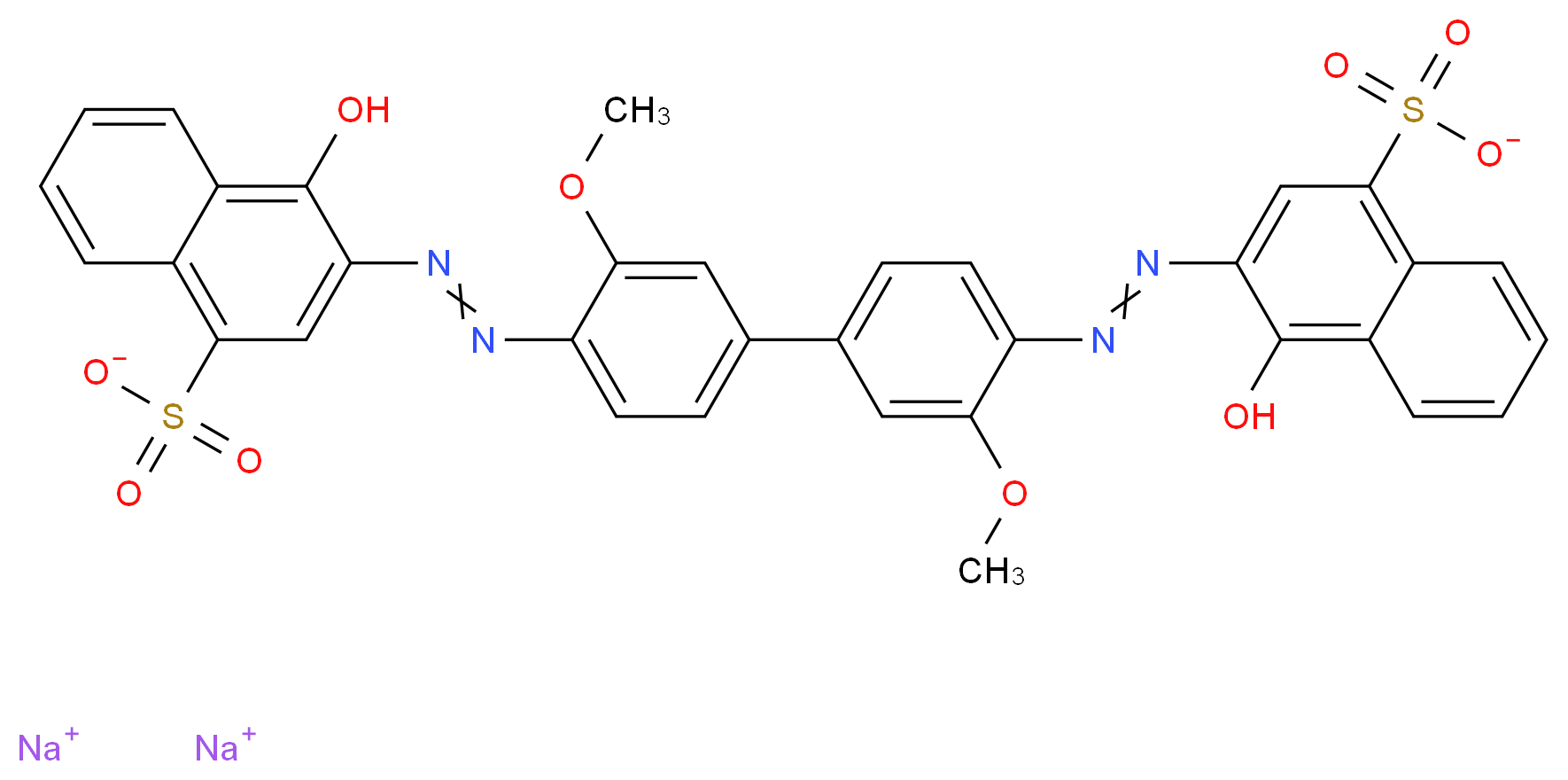 disodium 4-hydroxy-3-[2-(4-{4-[2-(1-hydroxy-4-sulfonatonaphthalen-2-yl)diazen-1-yl]-3-methoxyphenyl}-2-methoxyphenyl)diazen-1-yl]naphthalene-1-sulfonate_分子结构_CAS_2429-71-2