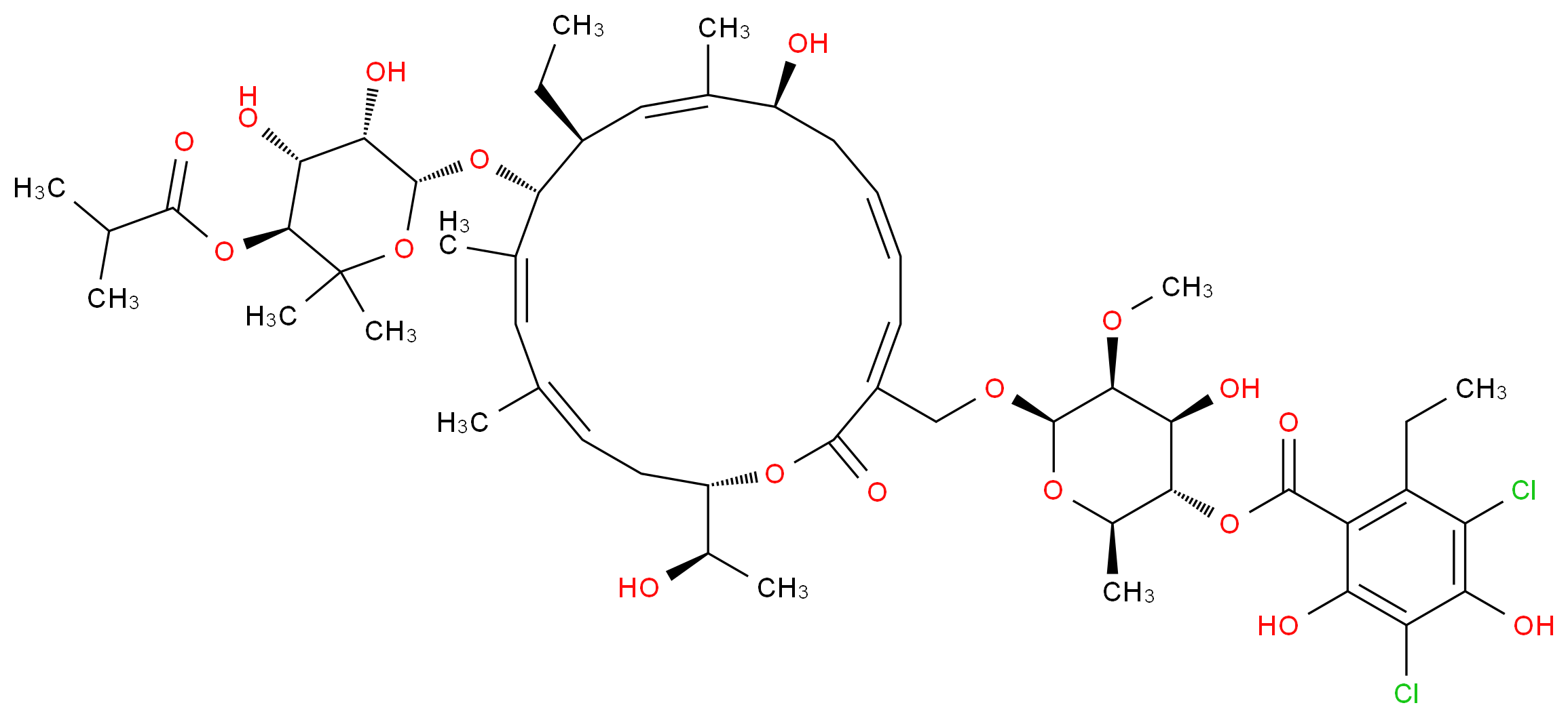(2R,3S,4S,5S,6R)-6-{[(3E,5E,8S,9Z,11S,12R,18S)-12-{[(2R,3S,4R,5S)-3,4-dihydroxy-6,6-dimethyl-5-[(2-methylpropanoyl)oxy]oxan-2-yl]oxy}-11-ethyl-8-hydroxy-18-[(1R)-1-hydroxyethyl]-9,13,15-trimethyl-2-oxo-1-oxacyclooctadeca-3,5,9,13,15-pentaen-3-yl]methoxy}-4-hydroxy-5-methoxy-2-methyloxan-3-yl 3,5-dichloro-2-ethyl-4,6-dihydroxybenzoate_分子结构_CAS_873857-62-6