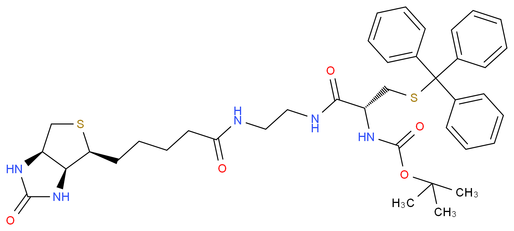 tert-butyl N-[(1R)-1-[(2-{5-[(3aS,4S,6aR)-2-oxo-hexahydro-1H-thieno[3,4-d]imidazolidin-4-yl]pentanamido}ethyl)carbamoyl]-2-[(triphenylmethyl)sulfanyl]ethyl]carbamate_分子结构_CAS_508234-94-4