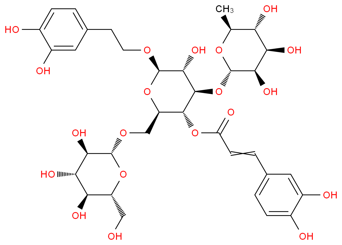 (2R,3R,4R,5R,6R)-6-[2-(3,4-dihydroxyphenyl)ethoxy]-5-hydroxy-2-({[(2R,3R,4S,5S,6R)-3,4,5-trihydroxy-6-(hydroxymethyl)oxan-2-yl]oxy}methyl)-4-{[(2S,3R,4R,5R,6S)-3,4,5-trihydroxy-6-methyloxan-2-yl]oxy}oxan-3-yl 3-(3,4-dihydroxyphenyl)prop-2-enoate_分子结构_CAS_82854-37-3