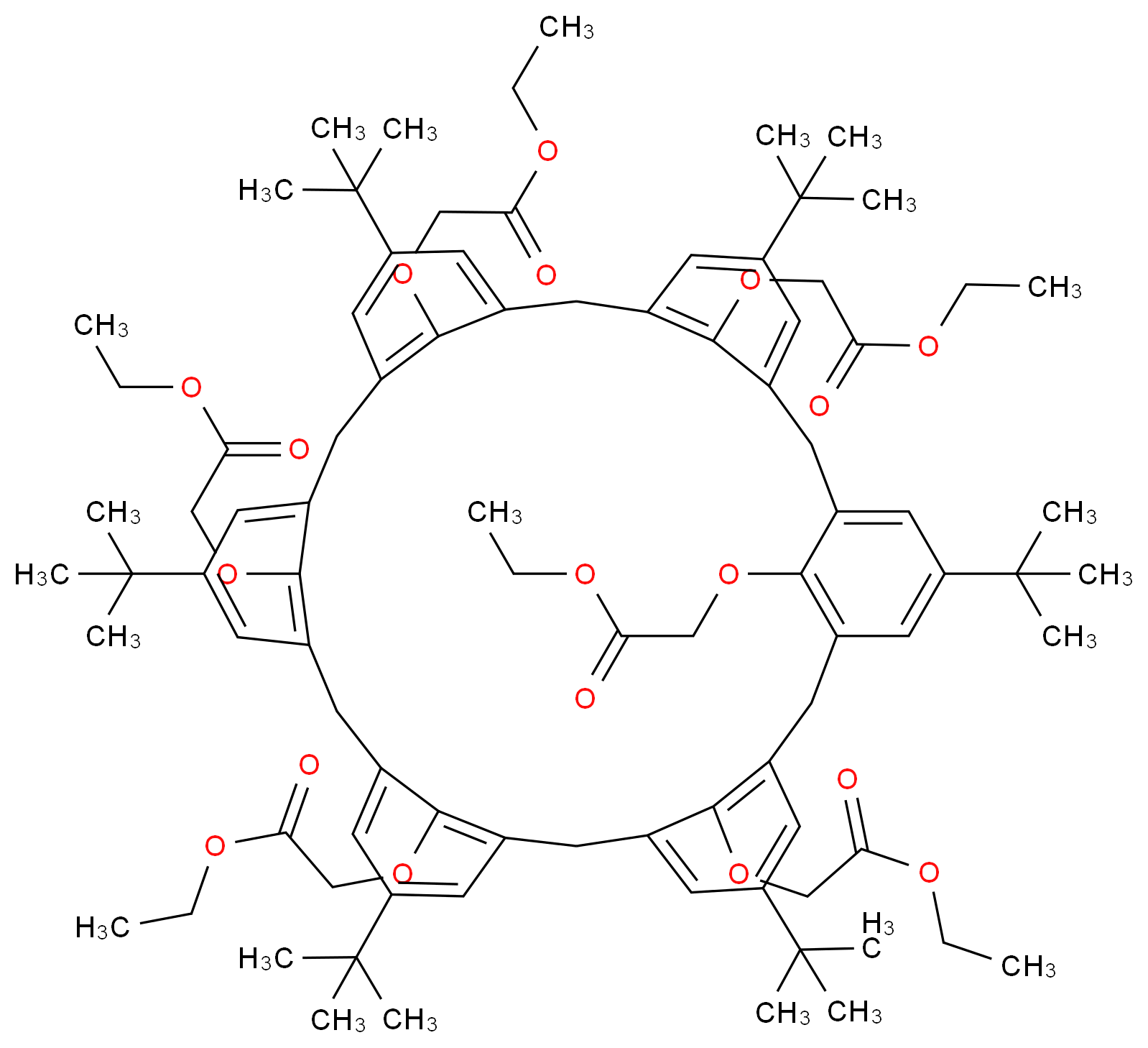 ethyl 2-{[5,11,17,23,29,35-hexa-tert-butyl-38,39,40,41,42-pentakis(2-ethoxy-2-oxoethoxy)heptacyclo[31.3.1.1<sup>3</sup>,<sup>7</sup>.1<sup>9</sup>,<sup>1</sup><sup>3</sup>.1<sup>1</sup><sup>5</sup>,<sup>1</sup><sup>9</sup>.1<sup>2</sup><sup>1</sup>,<sup>2</sup><sup>5</sup>.1<sup>2</sup><sup>7</sup>,<sup>3</sup><sup>1</sup>]dotetraconta-1(37),3(42),4,6,9(41),10,12,15(40),16,18,21(39),22,24,27(38),28,30,33,35-octadecaen-37-yl]oxy}acetate_分子结构_CAS_92003-62-8