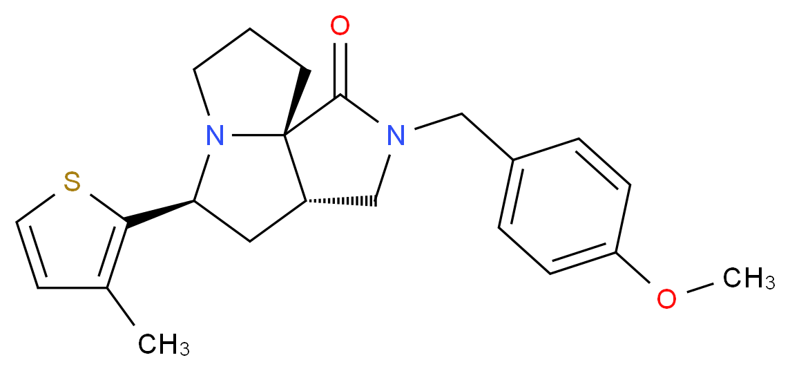 (3aS*,5S*,9aS*)-2-(4-methoxybenzyl)-5-(3-methyl-2-thienyl)hexahydro-7H-pyrrolo[3,4-g]pyrrolizin-1(2H)-one_分子结构_CAS_)