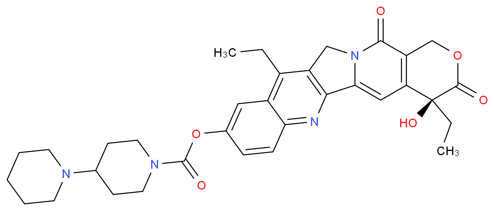 (19S)-10,19-diethyl-19-hydroxy-14,18-dioxo-17-oxa-3,13-diazapentacyclo[11.8.0.0^{2,11}.0^{4,9}.0^{15,20}]henicosa-1(21),2(11),3,5,7,9,15(20)-heptaen-7-yl 4-(piperidin-1-yl)piperidine-1-carboxylate_分子结构_CAS_97682-44-5