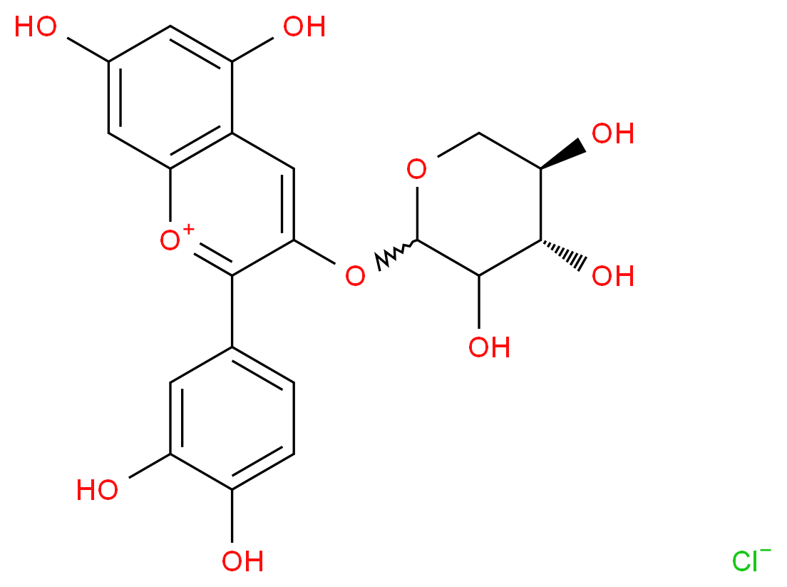 2-(3,4-dihydroxyphenyl)-5,7-dihydroxy-3-{[(4S,5R)-3,4,5-trihydroxyoxan-2-yl]oxy}-1λ<sup>4</sup>-chromen-1-ylium chloride_分子结构_CAS_29761-24-8