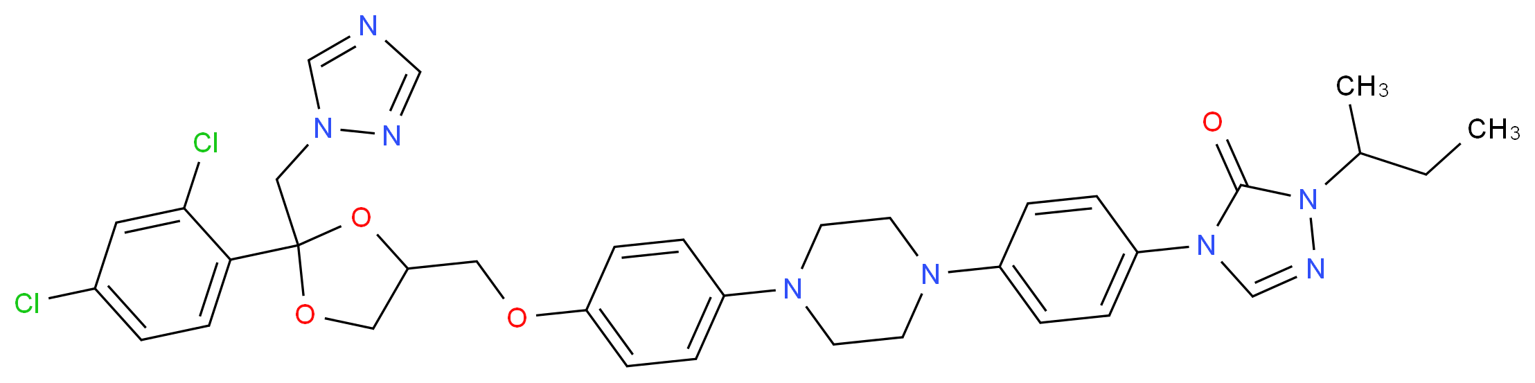 1-(butan-2-yl)-4-{4-[4-(4-{[2-(2,4-dichlorophenyl)-2-(1H-1,2,4-triazol-1-ylmethyl)-1,3-dioxolan-4-yl]methoxy}phenyl)piperazin-1-yl]phenyl}-4,5-dihydro-1H-1,2,4-triazol-5-one_分子结构_CAS_84625-61-6