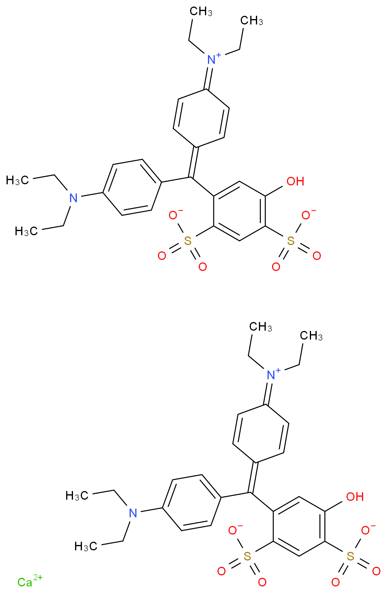 calcium bis(4-{[4-(diethylamino)phenyl][4-(diethyliminiumyl)cyclohexa-2,5-dien-1-ylidene]methyl}-6-hydroxybenzene-1,3-disulfonate)_分子结构_CAS_3536-49-0