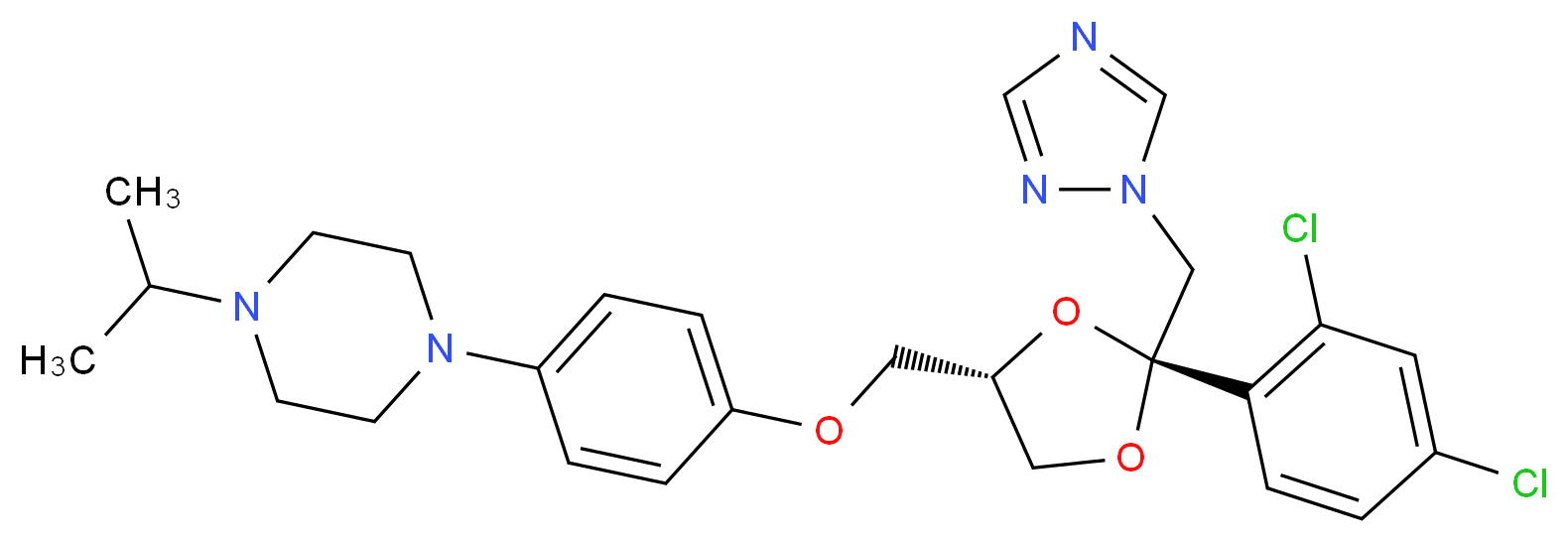1-(4-{[(2R,4S)-2-(2,4-dichlorophenyl)-2-(1H-1,2,4-triazol-1-ylmethyl)-1,3-dioxolan-4-yl]methoxy}phenyl)-4-(propan-2-yl)piperazine_分子结构_CAS_67915-31-5