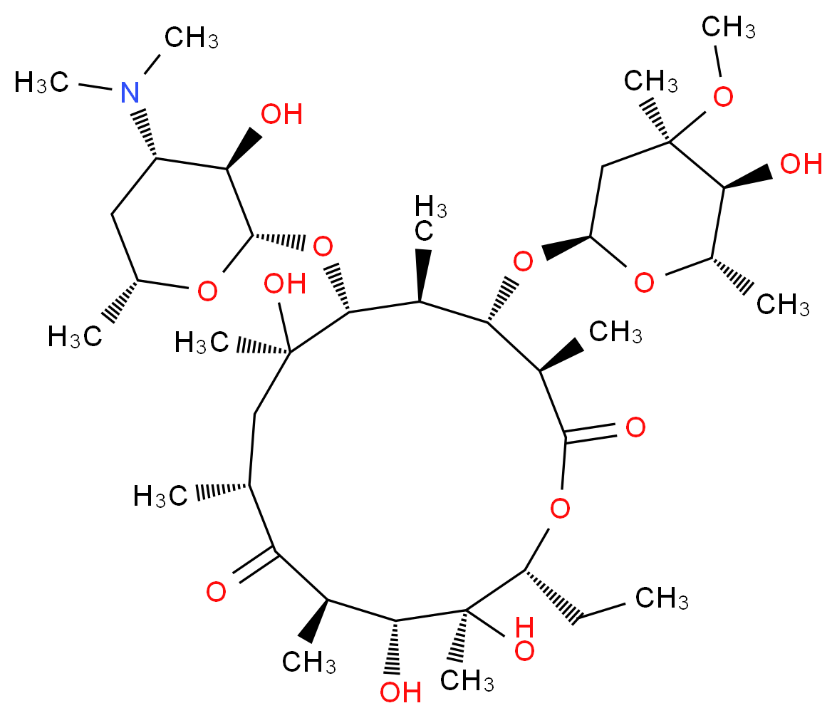 (3R,4S,5S,6R,7R,9R,11R,12R,13S,14R)-6-{[(2S,3R,4S,6R)-4-(dimethylamino)-3-hydroxy-6-methyloxan-2-yl]oxy}-14-ethyl-7,12,13-trihydroxy-4-{[(2R,4R,5S,6S)-5-hydroxy-4-methoxy-4,6-dimethyloxan-2-yl]oxy}-3,5,7,9,11,13-hexamethyl-1-oxacyclotetradecane-2,10-dione_分子结构_CAS_114-07-8