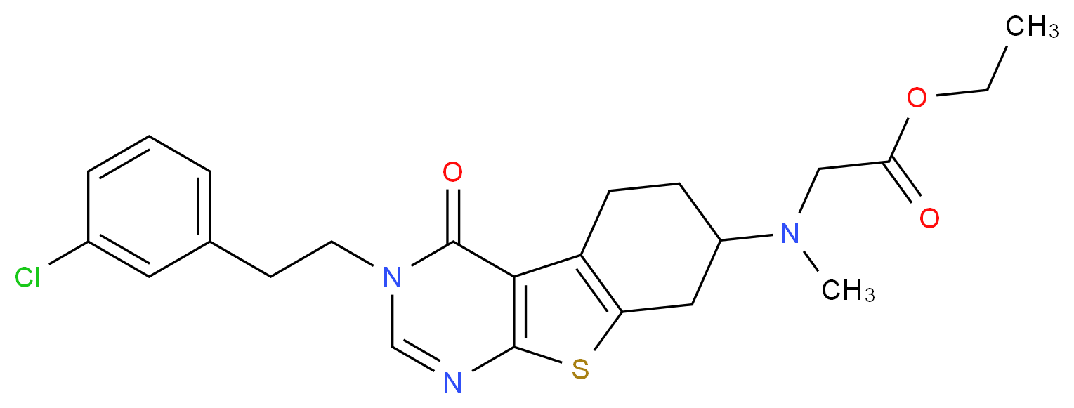 ethyl N-{3-[2-(3-chlorophenyl)ethyl]-4-oxo-3,4,5,6,7,8-hexahydro[1]benzothieno[2,3-d]pyrimidin-7-yl}-N-methylglycinate_分子结构_CAS_)