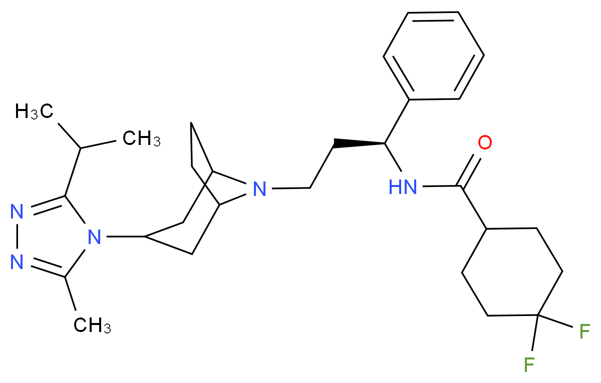 4,4-difluoro-N-[(1S)-3-{3-[3-methyl-5-(propan-2-yl)-4H-1,2,4-triazol-4-yl]-8-azabicyclo[3.2.1]octan-8-yl}-1-phenylpropyl]cyclohexane-1-carboxamide_分子结构_CAS_376348-65-1