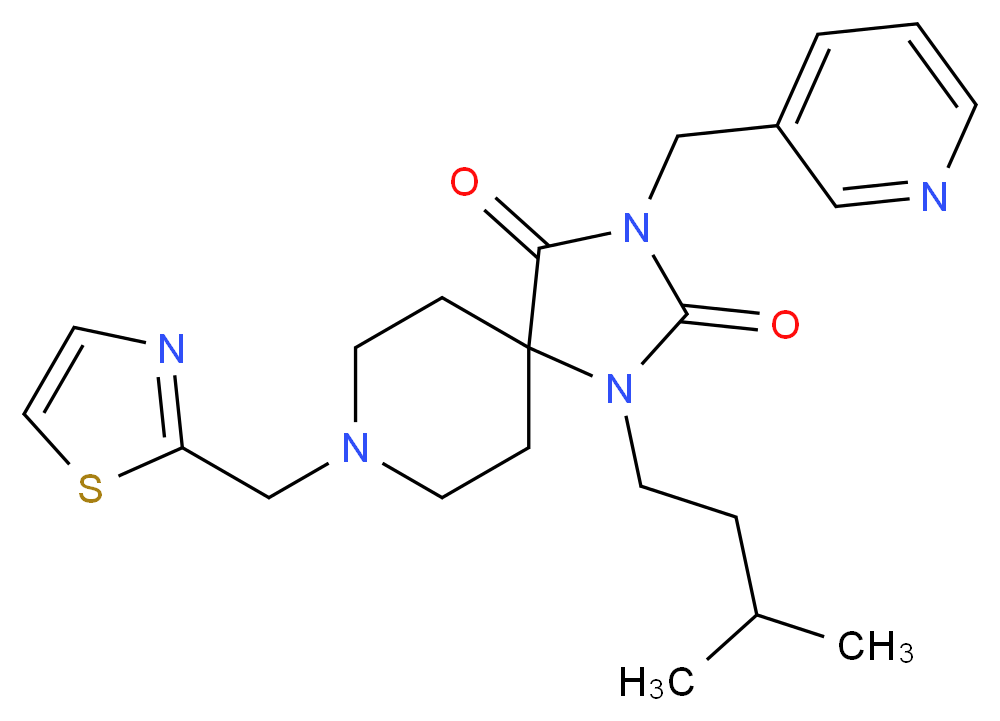 1-(3-methylbutyl)-3-(3-pyridinylmethyl)-8-(1,3-thiazol-2-ylmethyl)-1,3,8-triazaspiro[4.5]decane-2,4-dione_分子结构_CAS_)