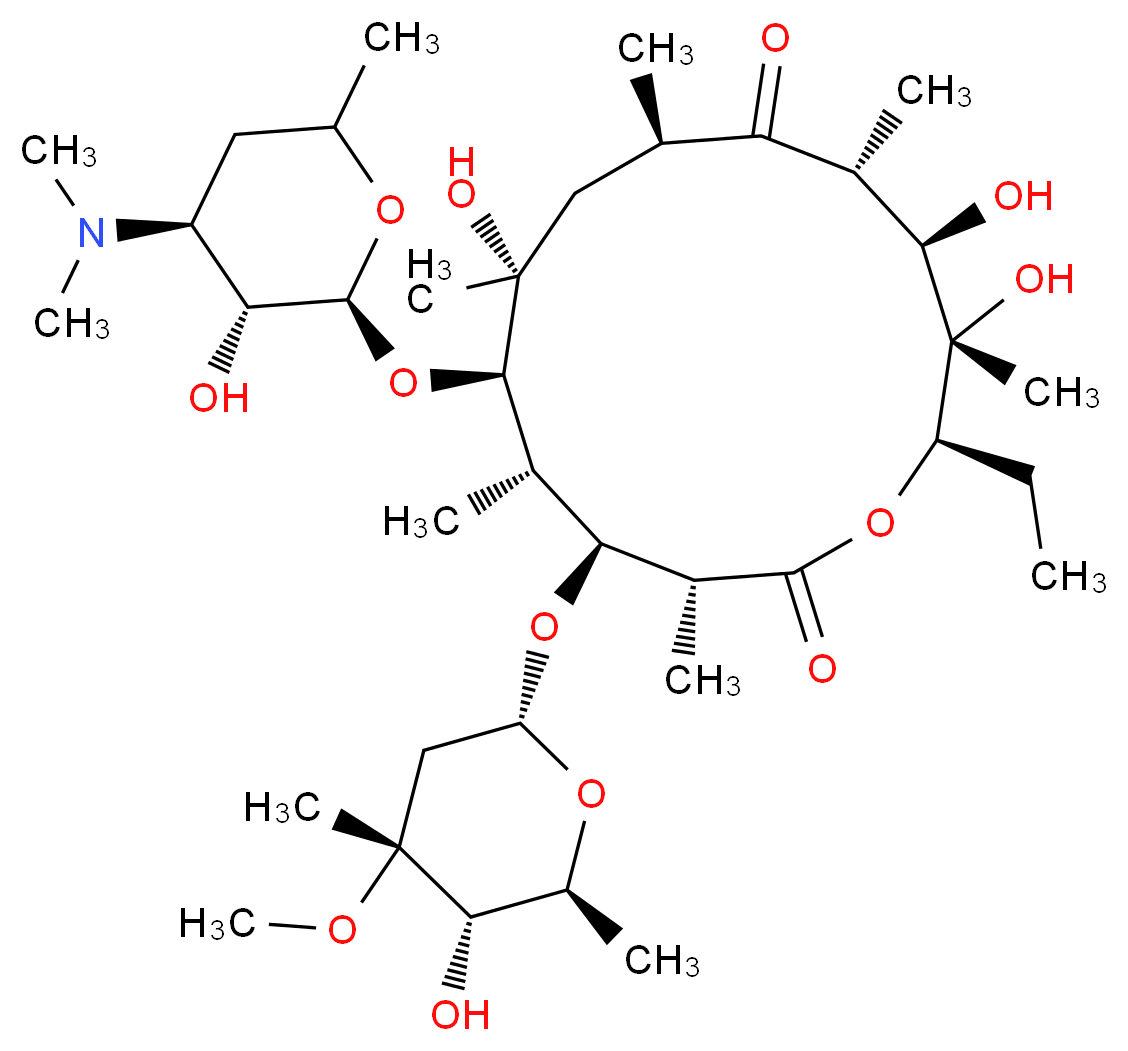 (3R,4S,5S,6R,7R,9R,11R,12R,13S,14R)-6-{[(2S,3R,4S)-4-(dimethylamino)-3-hydroxy-6-methyloxan-2-yl]oxy}-14-ethyl-7,12,13-trihydroxy-4-{[(2R,4R,5S,6S)-5-hydroxy-4-methoxy-4,6-dimethyloxan-2-yl]oxy}-3,5,7,9,11,13-hexamethyl-1-oxacyclotetradecane-2,10-dione_分子结构_CAS_114-07-8