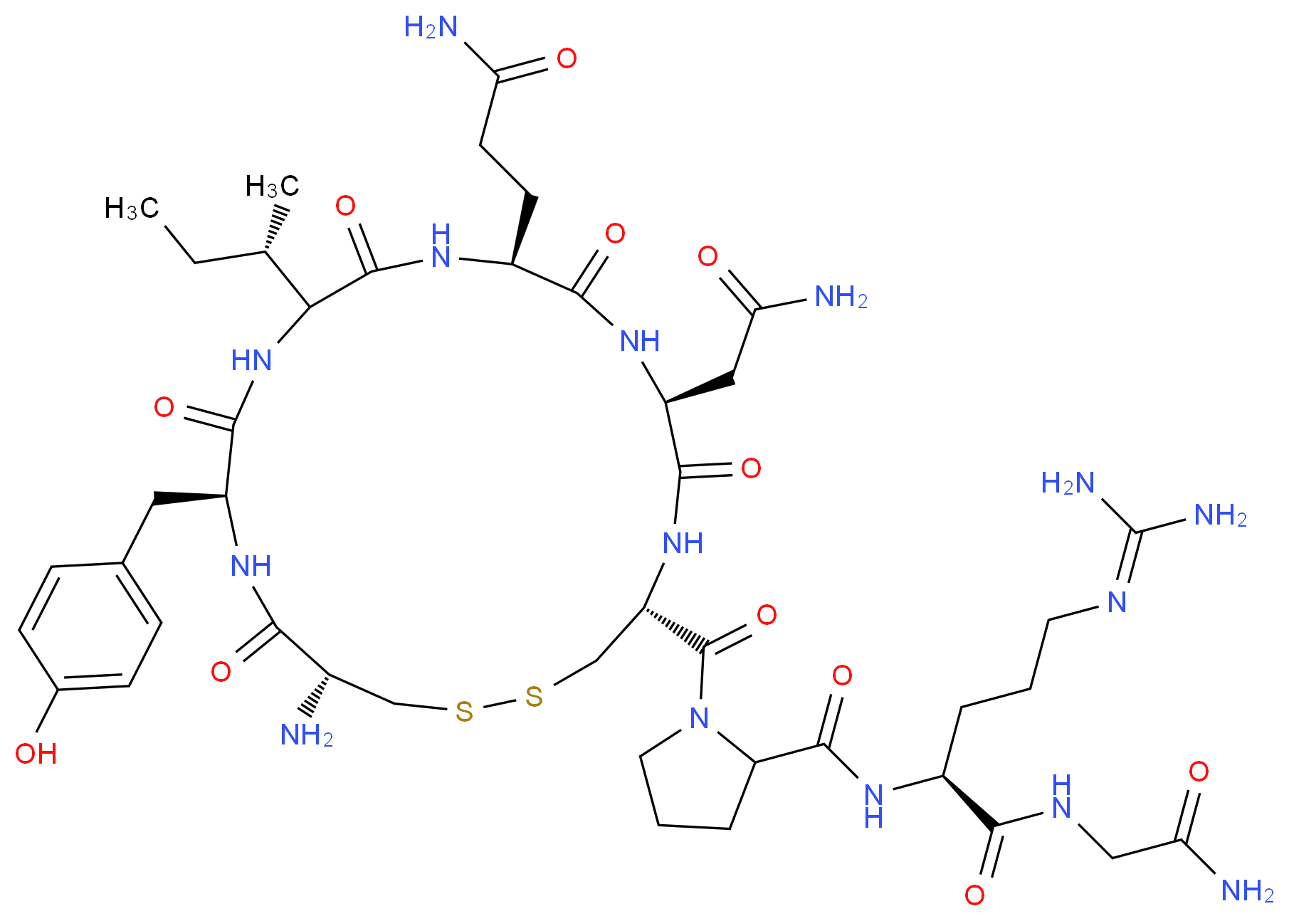 (2S)-2-({1-[(4R,7S,10S,16S,19R)-19-amino-13-[(2S)-butan-2-yl]-10-(2-carbamoylethyl)-7-(carbamoylmethyl)-16-[(4-hydroxyphenyl)methyl]-6,9,12,15,18-pentaoxo-1,2-dithia-5,8,11,14,17-pentaazacycloicosane-4-carbonyl]pyrrolidin-2-yl}formamido)-N-(carbamoylmethyl)-5-[(diaminomethylidene)amino]pentanamide_分子结构_CAS_113-80-4