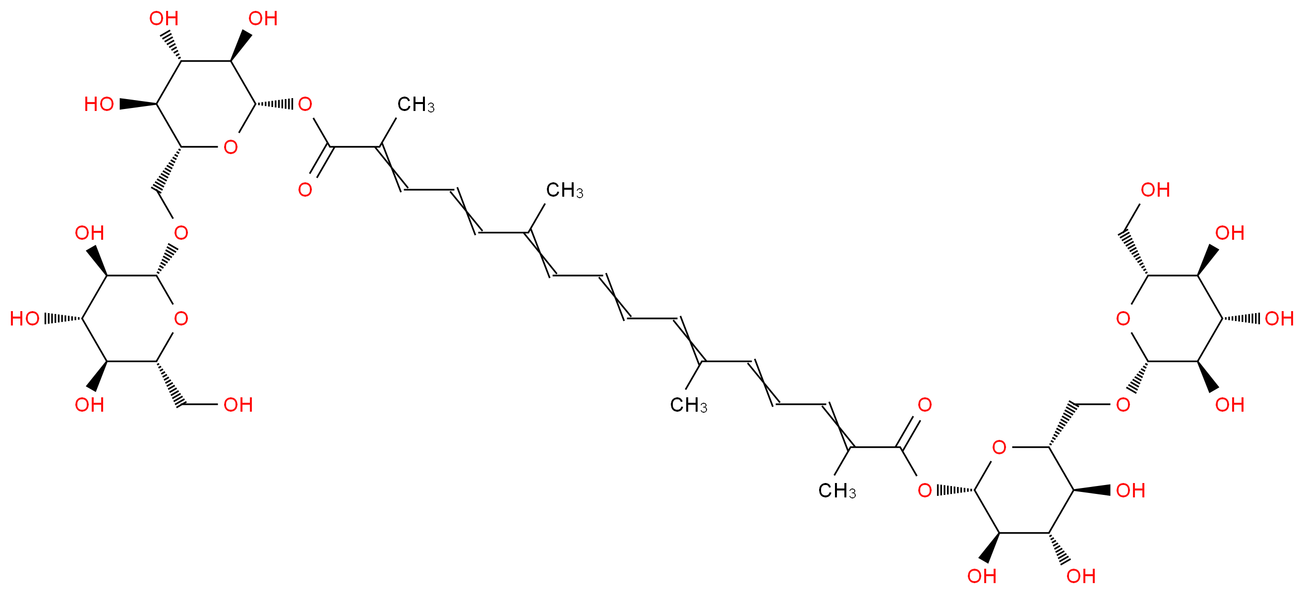 bis(2S,3R,4S,5S,6R)-3,4,5-trihydroxy-6-({[(2R,3R,4S,5S,6R)-3,4,5-trihydroxy-6-(hydroxymethyl)oxan-2-yl]oxy}methyl)oxan-2-yl 2,6,11,15-tetramethylhexadeca-2,4,6,8,10,12,14-heptaenedioate_分子结构_CAS_42553-65-1