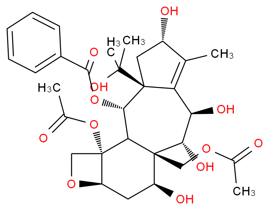 (1R,2S,3S,5S,8R,9R,10R,11S,13R,16S)-16-(acetyloxy)-10-[(acetyloxy)methyl]-5,8,9,11-tetrahydroxy-3-(2-hydroxypropan-2-yl)-6-methyl-14-oxatetracyclo[8.6.0.0<sup>3</sup>,<sup>7</sup>.0<sup>1</sup><sup>3</sup>,<sup>1</sup><sup>6</sup>]hexadec-6-en-2-yl benzoate_分子结构_CAS_220935-39-7