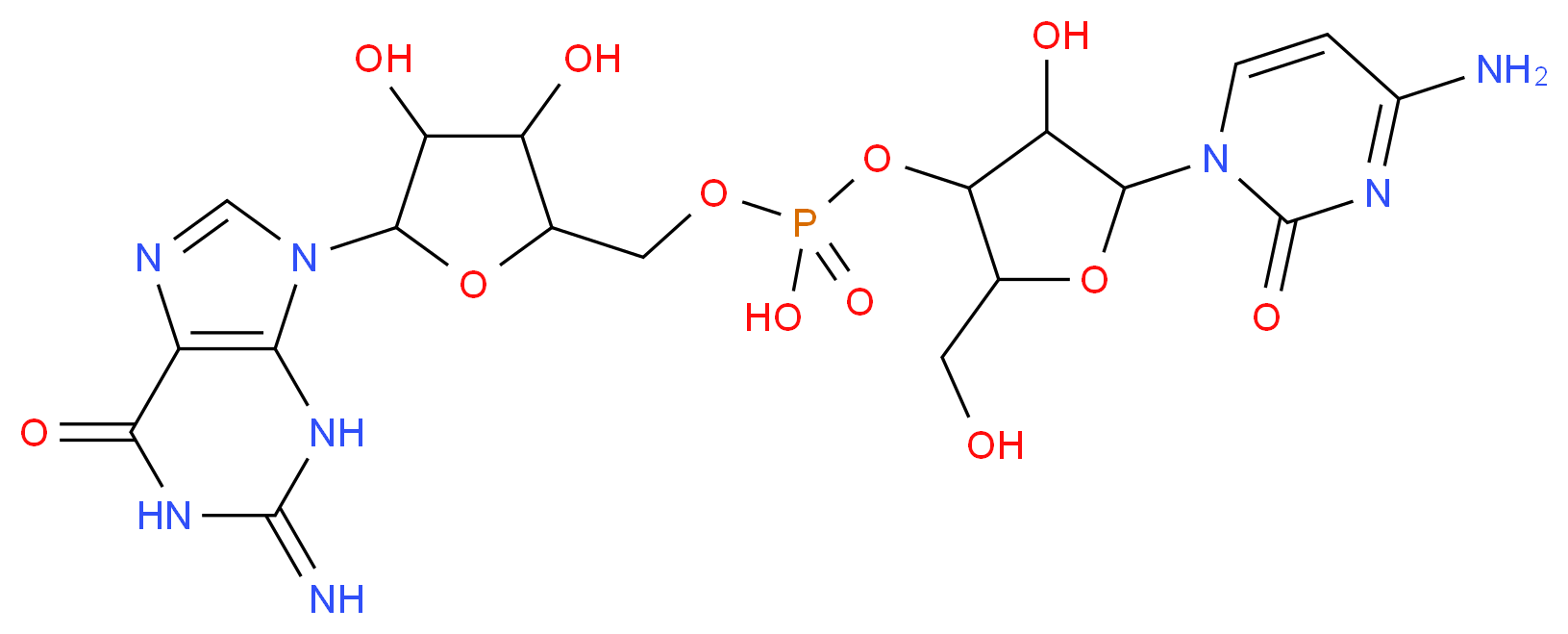 {[5-(4-amino-2-oxo-1,2-dihydropyrimidin-1-yl)-4-hydroxy-2-(hydroxymethyl)oxolan-3-yl]oxy}({[3,4-dihydroxy-5-(2-imino-6-oxo-2,3,6,9-tetrahydro-1H-purin-9-yl)oxolan-2-yl]methoxy})phosphinic acid_分子结构_CAS_2382-65-2