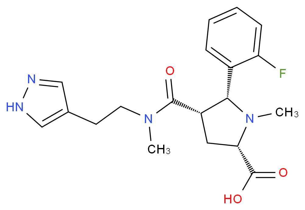 (2S*,4S*,5R*)-5-(2-fluorophenyl)-1-methyl-4-({methyl[2-(1H-pyrazol-4-yl)ethyl]amino}carbonyl)pyrrolidine-2-carboxylic acid_分子结构_CAS_)