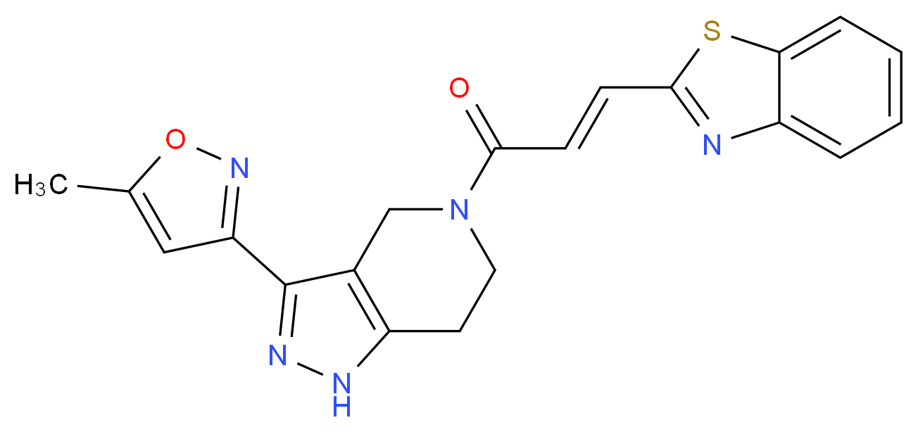 5-[(2E)-3-(1,3-benzothiazol-2-yl)prop-2-enoyl]-3-(5-methylisoxazol-3-yl)-4,5,6,7-tetrahydro-1H-pyrazolo[4,3-c]pyridine_分子结构_CAS_)