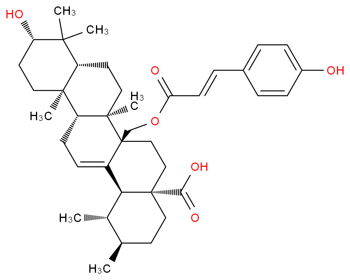 (1S,2R,4aS,6aR,6bR,8aR,10S,12aR,12bR,14bS)-10-hydroxy-6a-({[(2E)-3-(4-hydroxyphenyl)prop-2-enoyl]oxy}methyl)-1,2,6b,9,9,12a-hexamethyl-1,2,3,4,4a,5,6,6a,6b,7,8,8a,9,10,11,12,12a,12b,13,14b-icosahydropicene-4a-carboxylic acid_分子结构_CAS_73584-67-5