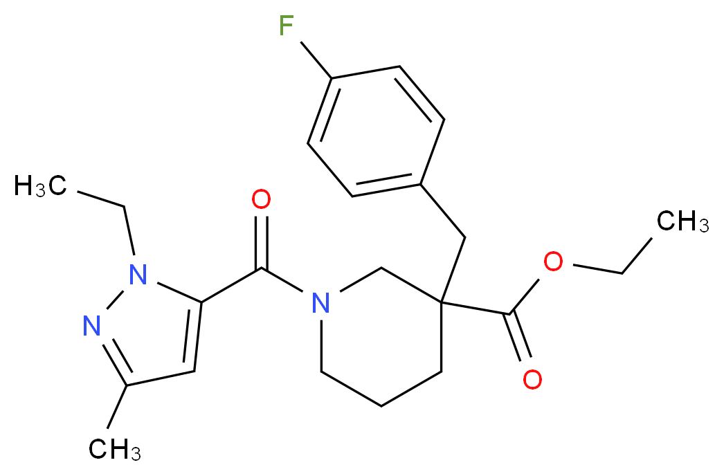 ethyl 1-[(1-ethyl-3-methyl-1H-pyrazol-5-yl)carbonyl]-3-(4-fluorobenzyl)-3-piperidinecarboxylate_分子结构_CAS_)