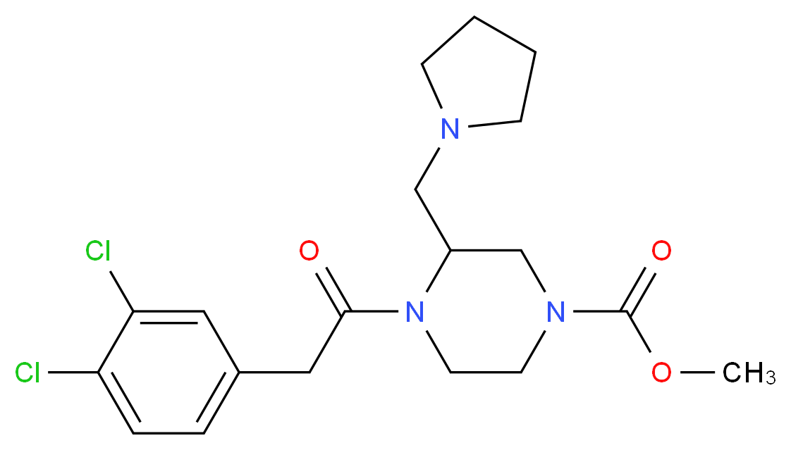 methyl 4-[2-(3,4-dichlorophenyl)acetyl]-3-(pyrrolidin-1-ylmethyl)piperazine-1-carboxylate_分子结构_CAS_126766-32-3