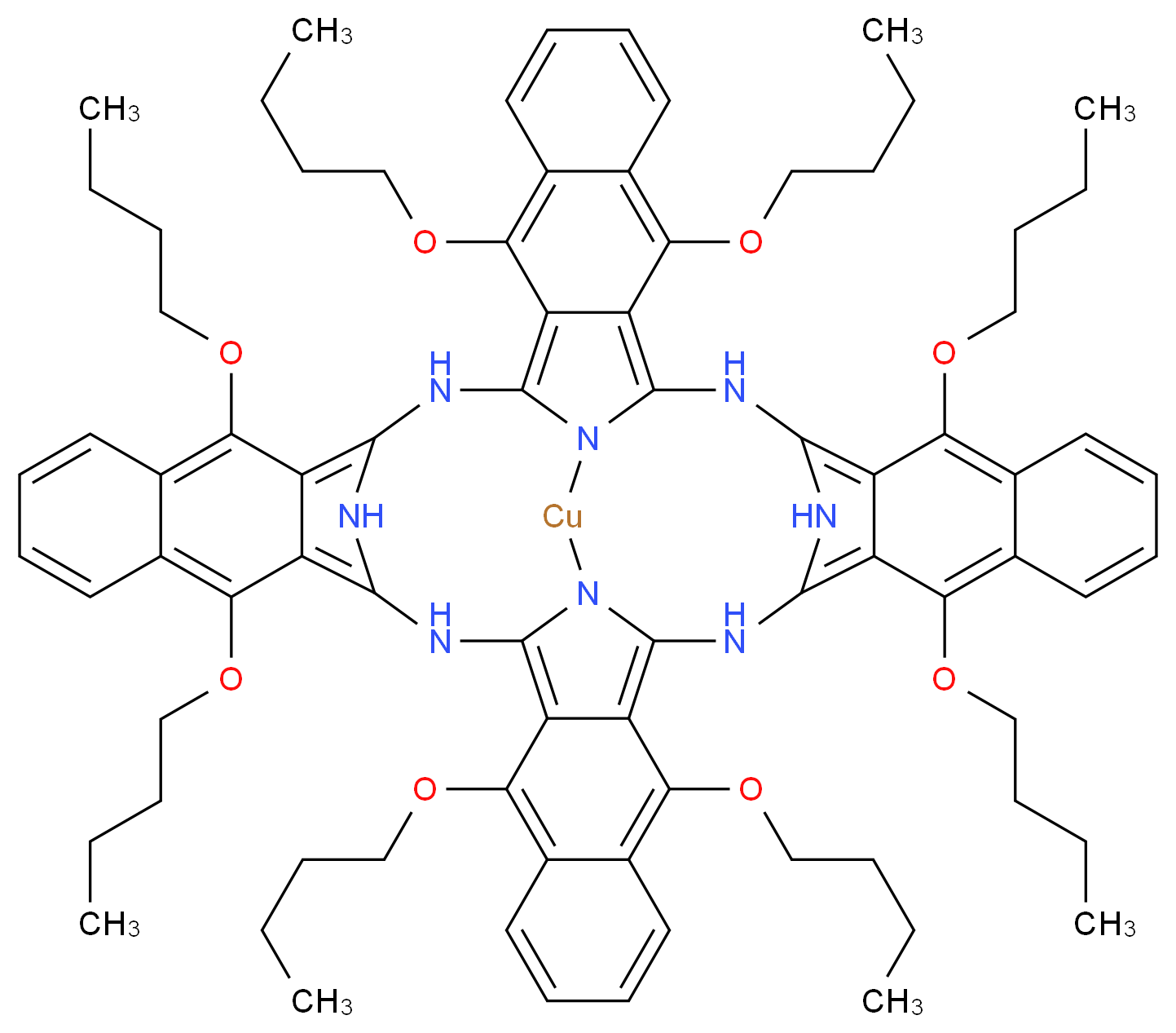 3,10,16,23,29,36,42,49-octabutoxy-13,26,39,52,53,55,56,57-octaaza-54-cupratetradecacyclo[25.25.3.1<sup>1</sup><sup>4</sup>,<sup>2</sup><sup>5</sup>.1<sup>4</sup><sup>0</sup>,<sup>5</sup><sup>1</sup>.0<sup>2</sup>,<sup>1</sup><sup>1</sup>.0<sup>4</sup>,<sup>9</sup>.0<sup>1</sup><sup>2</sup>,<sup>5</sup><sup>3</sup>.0<sup>1</sup><sup>5</sup>,<sup>2</sup><sup>4</sup>.0<sup>1</sup><sup>7</sup>,<sup>2</sup><sup>2</sup>.0<sup>2</sup><sup>8</sup>,<sup>3</sup><sup>7</sup>.0<sup>3</sup><sup>0</sup>,<sup>3</sup><sup>5</sup>.0<sup>3</sup><sup>8</sup>,<sup>5</sup><sup>5</sup>.0<sup>4</sup><sup>1</sup>,<sup>5</sup><sup>0</sup>.0<sup>4</sup><sup>3</sup>,<sup>4</sup><sup>8</sup>]heptapentaconta-1,3,5,7,9,11,14,16,18,20,22,24,27,29,31,33,35,37,40,42,44,46,48,50-tetracosaene_分子结构_CAS_155773-67-4