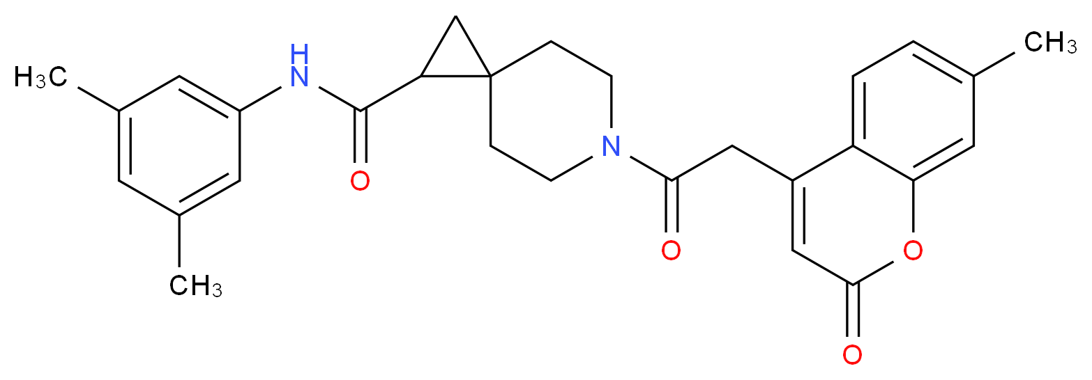 N-(3,5-dimethylphenyl)-6-[(7-methyl-2-oxo-2H-chromen-4-yl)acetyl]-6-azaspiro[2.5]octane-1-carboxamide_分子结构_CAS_)