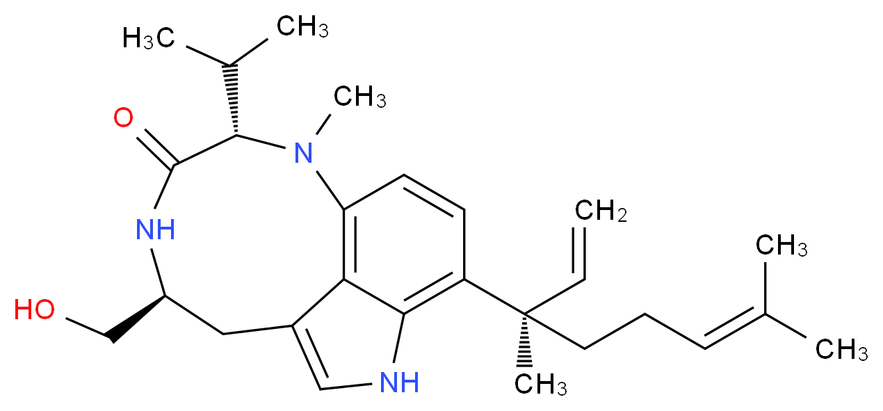 (10S,13S)-5-[(3R)-3,7-dimethylocta-1,6-dien-3-yl]-13-(hydroxymethyl)-9-methyl-10-(propan-2-yl)-3,9,12-triazatricyclo[6.6.1.0<sup>4</sup>,<sup>1</sup><sup>5</sup>]pentadeca-1,4,6,8(15)-tetraen-11-one_分子结构_CAS_70497-14-2