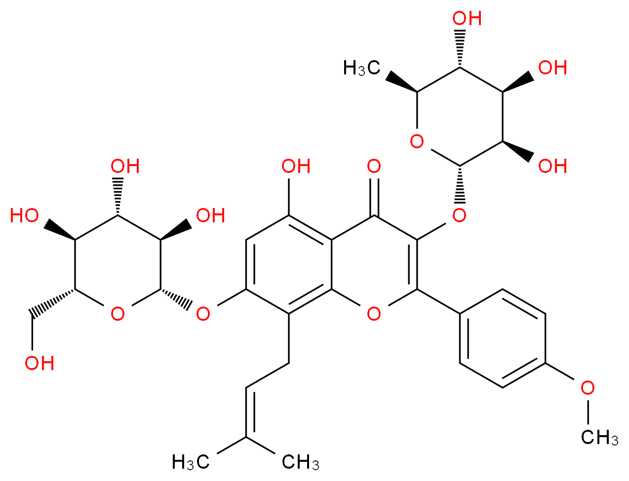 5-hydroxy-2-(4-methoxyphenyl)-8-(3-methylbut-2-en-1-yl)-7-(((2S,3R,4S,5S,6R)-3,4,5-trihydroxy-6-(hydroxymethyl)tetrahydro-2H-pyran-2-yl)oxy)-3-(((2S,3R,4R,5R,6S)-3,4,5-trihydroxy-6-methyltetrahydro-2H
-pyran-2-yl)oxy)-4H-chromen-4-one_分子结构_CAS_)