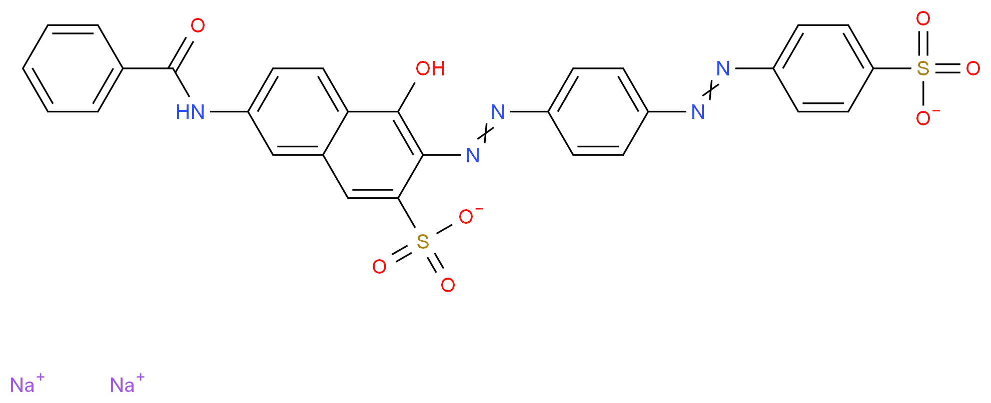 disodium 7-benzamido-4-hydroxy-3-(2-{4-[2-(4-sulfonatophenyl)diazen-1-yl]phenyl}diazen-1-yl)naphthalene-2-sulfonate_分子结构_CAS_2610-11-9