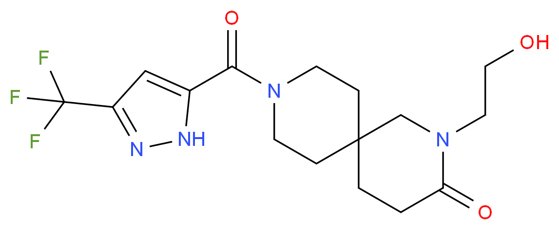 2-(2-hydroxyethyl)-9-{[3-(trifluoromethyl)-1H-pyrazol-5-yl]carbonyl}-2,9-diazaspiro[5.5]undecan-3-one_分子结构_CAS_)