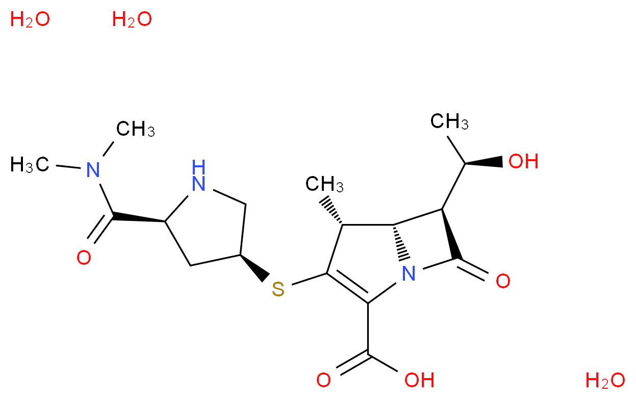 (4R,5S,6S)-3-{[(3S,5S)-5-(dimethylcarbamoyl)pyrrolidin-3-yl]sulfanyl}-6-[(1R)-1-hydroxyethyl]-4-methyl-7-oxo-1-azabicyclo[3.2.0]hept-2-ene-2-carboxylic acid trihydrate_分子结构_CAS_119478-56-7