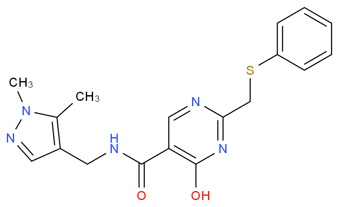 N-[(1,5-dimethyl-1H-pyrazol-4-yl)methyl]-4-hydroxy-2-[(phenylthio)methyl]pyrimidine-5-carboxamide_分子结构_CAS_)