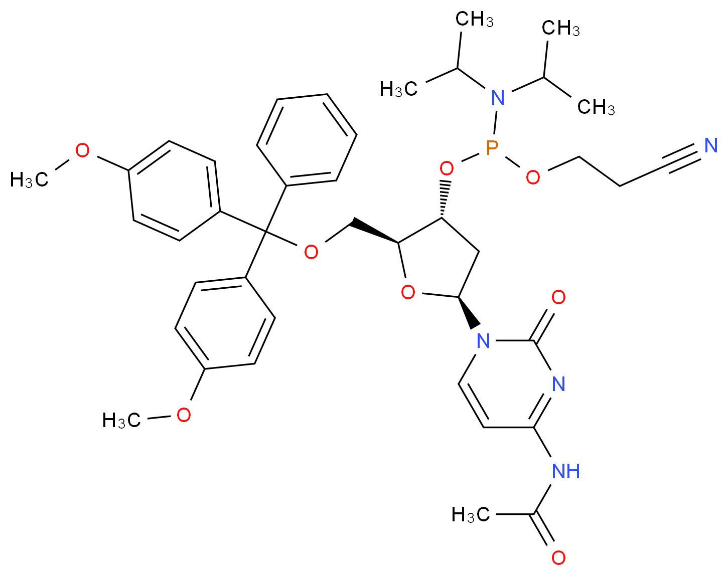 N-{1-[(2S,4R,5S)-5-{[bis(4-methoxyphenyl)(phenyl)methoxy]methyl}-4-({[bis(propan-2-yl)amino](2-cyanoethoxy)phosphanyl}oxy)oxolan-2-yl]-2-oxo-1,2-dihydropyrimidin-4-yl}acetamide_分子结构_CAS_154110-40-4