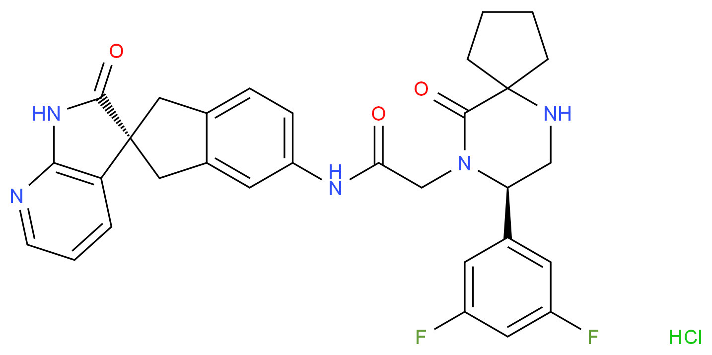 2-[(8R)-8-(3,5-difluorophenyl)-10-oxo-6,9-diazaspiro[4.5]decan-9-yl]-N-[(2R)-2'-oxo-1,1',2',3-tetrahydrospiro[indene-2,3'-pyrrolo[2,3-b]pyridine]-6-yl]acetamide hydrochloride_分子结构_CAS_957116-20-0