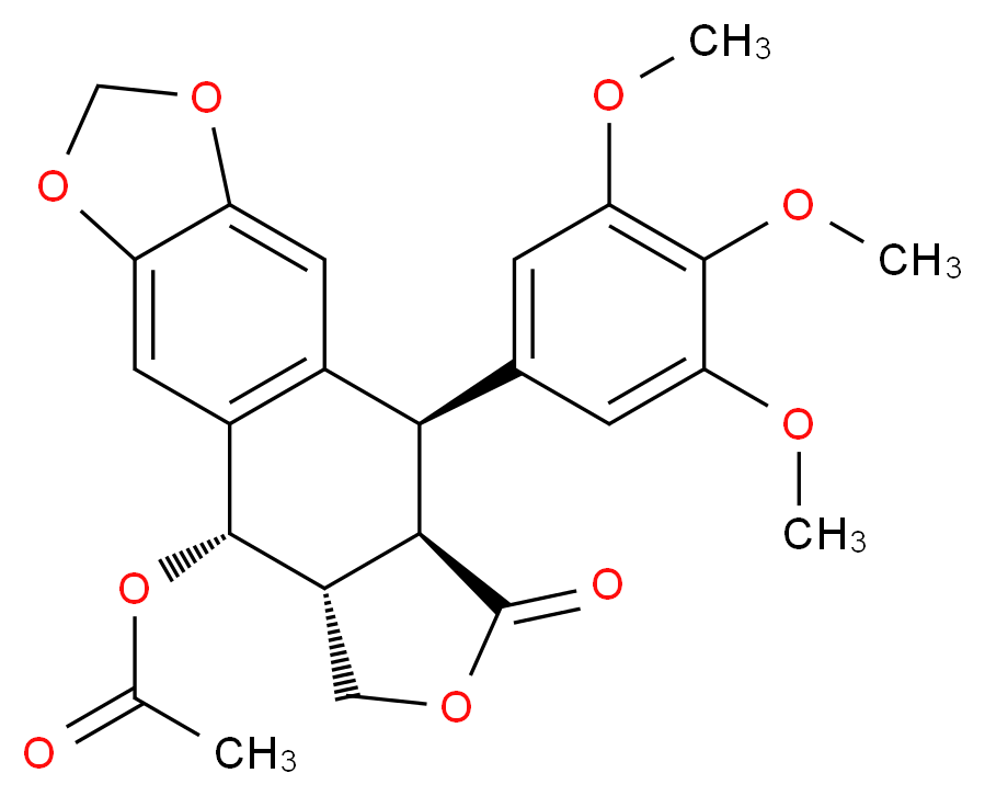 (10S,11R,15R,16R)-14-oxo-16-(3,4,5-trimethoxyphenyl)-4,6,13-trioxatetracyclo[7.7.0.0<sup>3</sup>,<sup>7</sup>.0<sup>1</sup><sup>1</sup>,<sup>1</sup><sup>5</sup>]hexadeca-1(9),2,7-trien-10-yl acetate_分子结构_CAS_1180-35-4