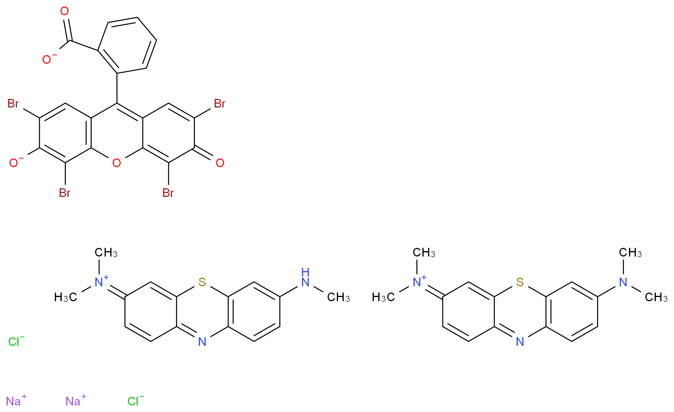 disodium 7-(dimethylamino)-N,N-dimethyl-3H-phenothiazin-3-iminium N,N-dimethyl-7-(methylamino)-3H-phenothiazin-3-iminium 2-(2,4,5,7-tetrabromo-6-oxido-3-oxo-3H-xanthen-9-yl)benzoate dichloride_分子结构_CAS_53092-85-6