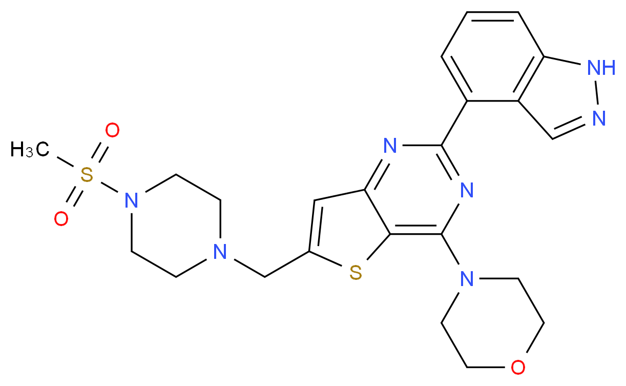 4-{6-[(4-methanesulfonylpiperazin-1-yl)methyl]-4-(morpholin-4-yl)thieno[3,2-d]pyrimidin-2-yl}-1H-indazole_分子结构_CAS_957054-30-7