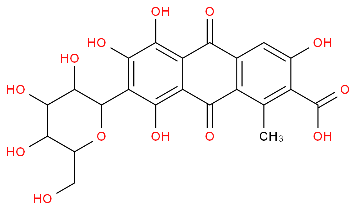 3,5,6,8-tetrahydroxy-1-methyl-9,10-dioxo-7-[3,4,5-trihydroxy-6-(hydroxymethyl)oxan-2-yl]-9,10-dihydroanthracene-2-carboxylic acid_分子结构_CAS_1260-17-9