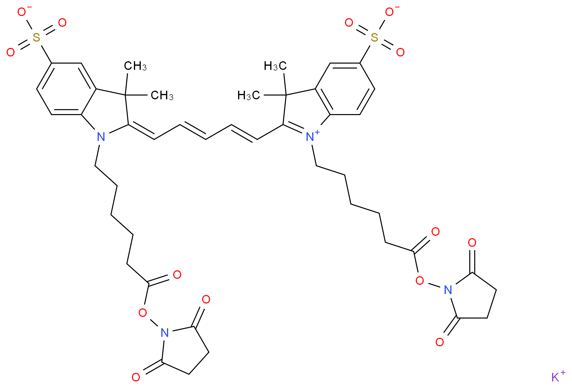 Cyanine 5 Bihexanoic Acid Dye, Succinimidyl Ester, Potassium Salt_分子结构_CAS_252255-42-8)