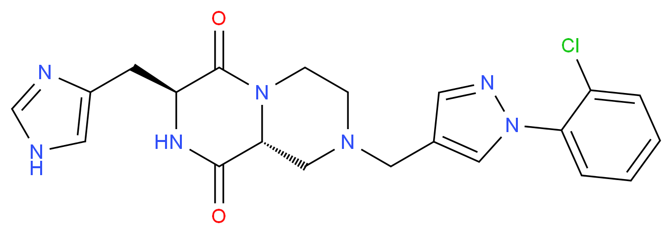 (3S*,9aR*)-8-{[1-(2-chlorophenyl)-1H-pyrazol-4-yl]methyl}-3-(1H-imidazol-4-ylmethyl)tetrahydro-2H-pyrazino[1,2-a]pyrazine-1,4(3H,6H)-dione_分子结构_CAS_)