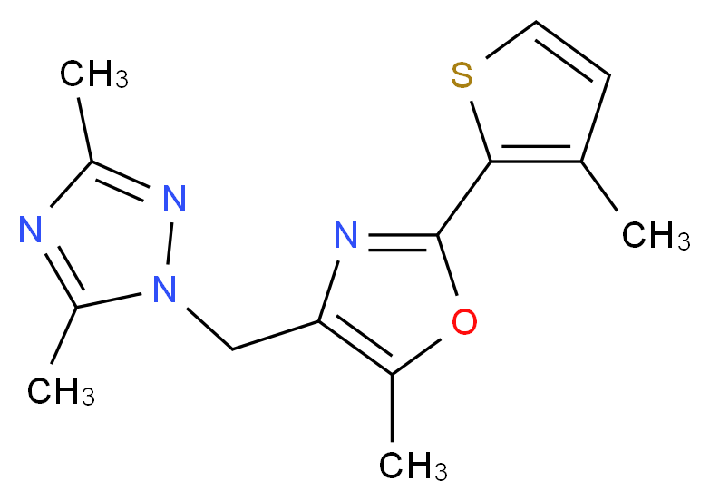 3,5-dimethyl-1-{[5-methyl-2-(3-methyl-2-thienyl)-1,3-oxazol-4-yl]methyl}-1H-1,2,4-triazole_分子结构_CAS_)