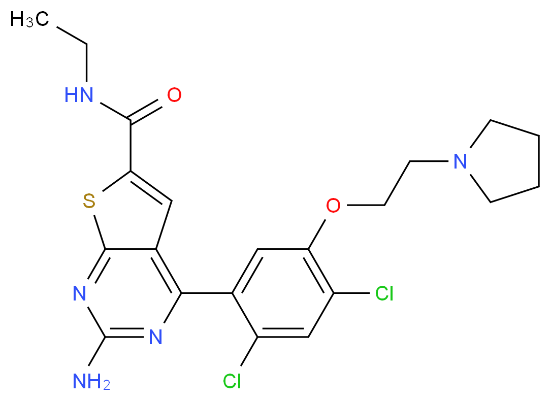 2-amino-4-[2,4-dichloro-5-(2-pyrrolidin-1-ylethoxy)phenyl]-N-ethylthieno[2,3-d]pyrimidine-6-carboxamide_分子结构_CAS_)