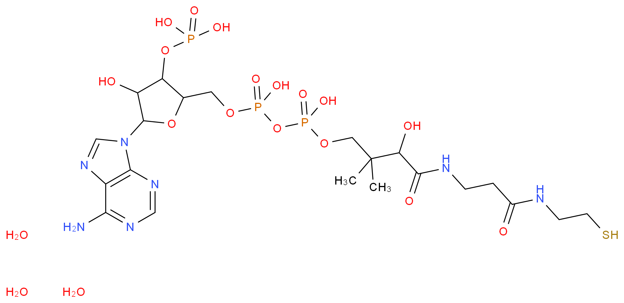 {[5-(6-amino-9H-purin-9-yl)-4-hydroxy-2-({[hydroxy({hydroxy[3-hydroxy-2,2-dimethyl-3-({2-[(2-sulfanylethyl)carbamoyl]ethyl}carbamoyl)propoxy]phosphoryl}oxy)phosphoryl]oxy}methyl)oxolan-3-yl]oxy}phosphonic acid trihydrate_分子结构_CAS_85-61-0