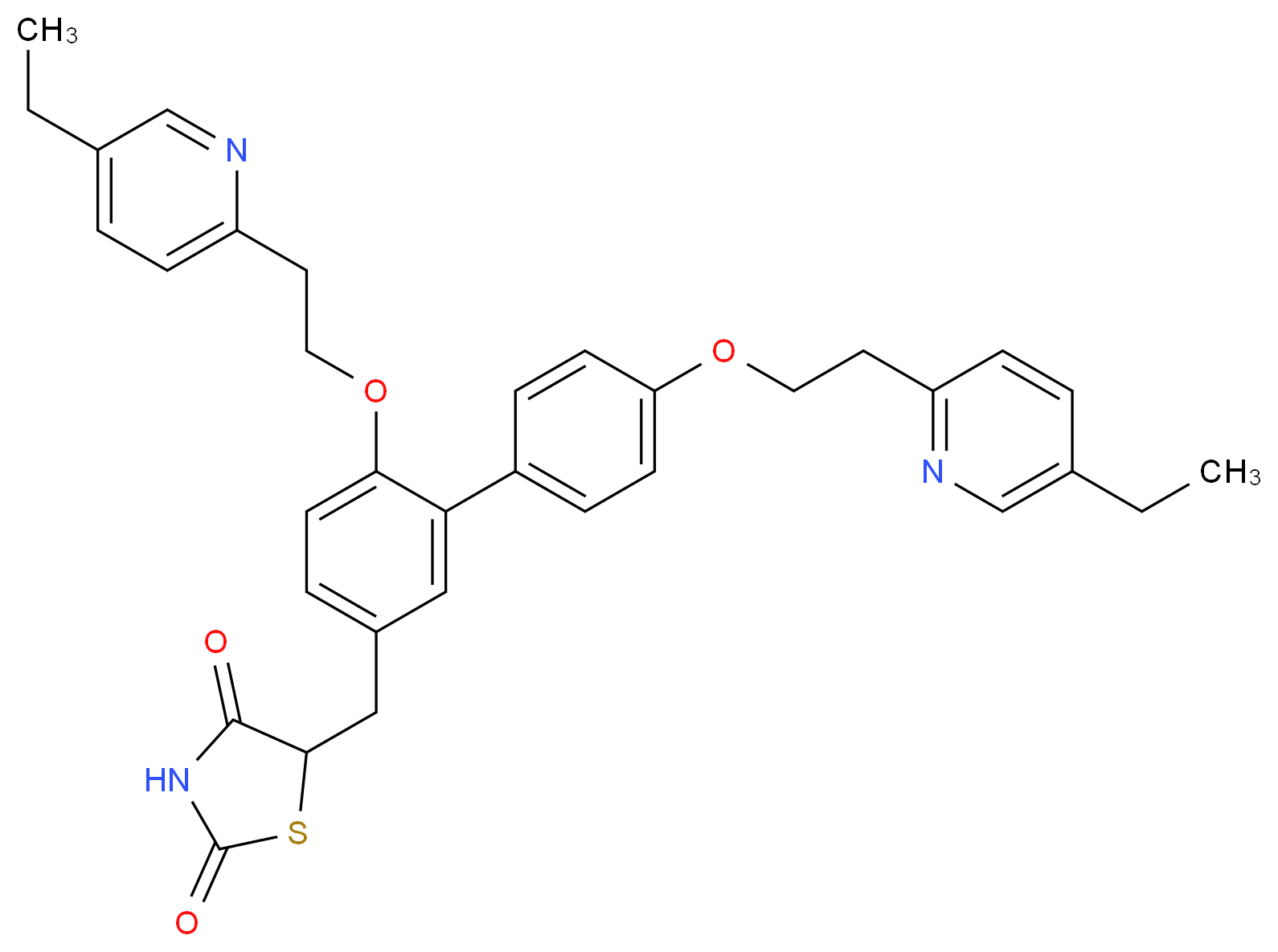 5-({4-[2-(5-ethylpyridin-2-yl)ethoxy]-3-{4-[2-(5-ethylpyridin-2-yl)ethoxy]phenyl}phenyl}methyl)-1,3-thiazolidine-2,4-dione_分子结构_CAS_952187-99-4