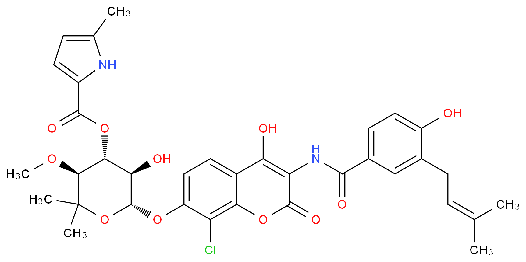 (3S,4R,5R,6S)-6-({8-chloro-4-hydroxy-3-[4-hydroxy-3-(3-methylbut-2-en-1-yl)benzamido]-2-oxo-2H-chromen-7-yl}oxy)-5-hydroxy-3-methoxy-2,2-dimethyloxan-4-yl 5-methyl-1H-pyrrole-2-carboxylate_分子结构_CAS_39868-96-7