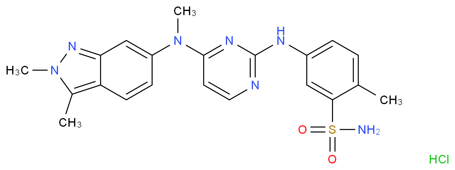 5-({4-[(2,3-dimethyl-2H-indazol-6-yl)(methyl)amino]pyrimidin-2-yl}amino)-2-methylbenzene-1-sulfonamide hydrochloride_分子结构_CAS_635702-64-6