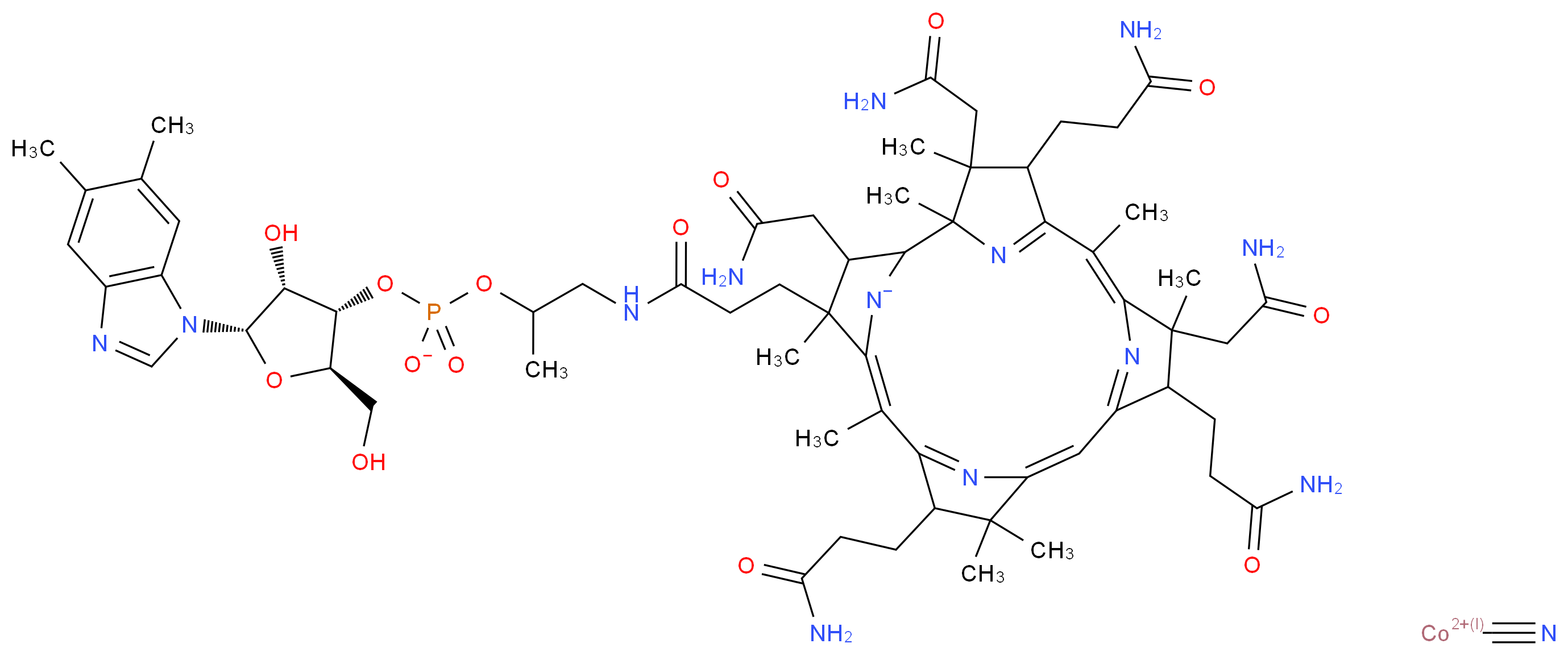 (6Z,11Z,16Z)-4,9,14-tris(2-carbamoylethyl)-3,8,19-tris(carbamoylmethyl)-18-{2-[(2-{[(2R,3S,4R,5S)-5-(5,6-dimethyl-1H-1,3-benzodiazol-1-yl)-4-hydroxy-2-(hydroxymethyl)oxolan-3-yl phosphonato]oxy}propyl)carbamoyl]ethyl}-2,3,6,8,13,13,16,18-octamethyl-20,21,22,23-tetraazapentacyclo[15.2.1.1<sup>2</sup>,<sup>5</sup>.1<sup>7</sup>,<sup>1</sup><sup>0</sup>.1<sup>1</sup><sup>2</sup>,<sup>1</sup><sup>5</sup>]tricosa-5(23),6,10(22),11,15(21),16-hexaen-20-ide; cyanocobaltbis(ylium)_分子结构_CAS_68-19-9