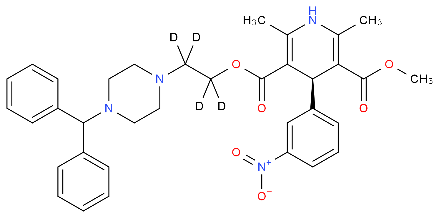 3-{2-[4-(diphenylmethyl)piperazin-1-yl](<sup>2</sup>H<sub>4</sub>)ethyl} 5-methyl (4R)-2,6-dimethyl-4-(3-nitrophenyl)-1,4-dihydropyridine-3,5-dicarboxylate_分子结构_CAS_1217718-54-1