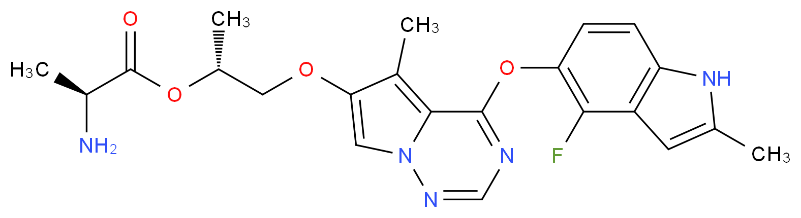 (2R)-1-({4-[(4-fluoro-2-methyl-1H-indol-5-yl)oxy]-5-methylpyrrolo[2,1-f][1,2,4]triazin-6-yl}oxy)propan-2-yl (2S)-2-aminopropanoate_分子结构_CAS_649735-63-7